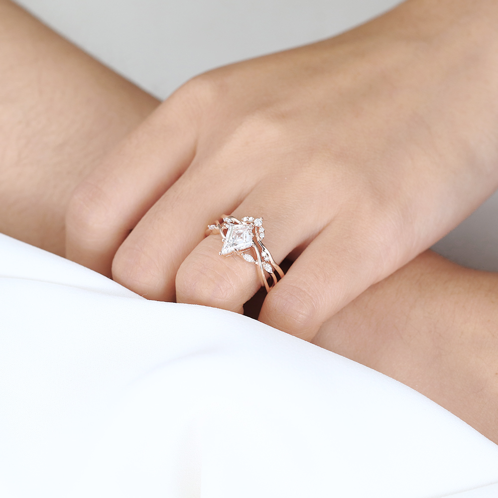 Lab Created Diamond Wedding Set Rings Vintage 14k Rose Gold Ring