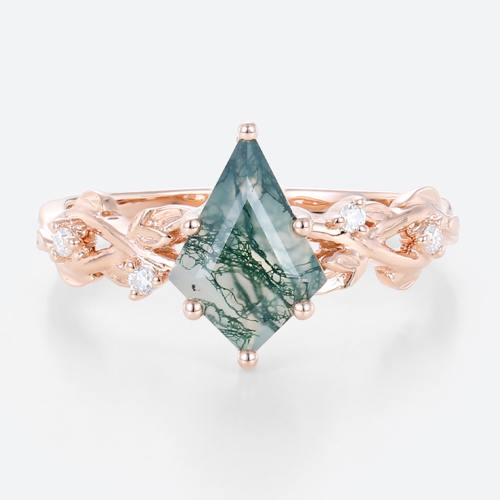 Kite Shaped Engagement Ring Women's Moss Agate Vintage Rings
