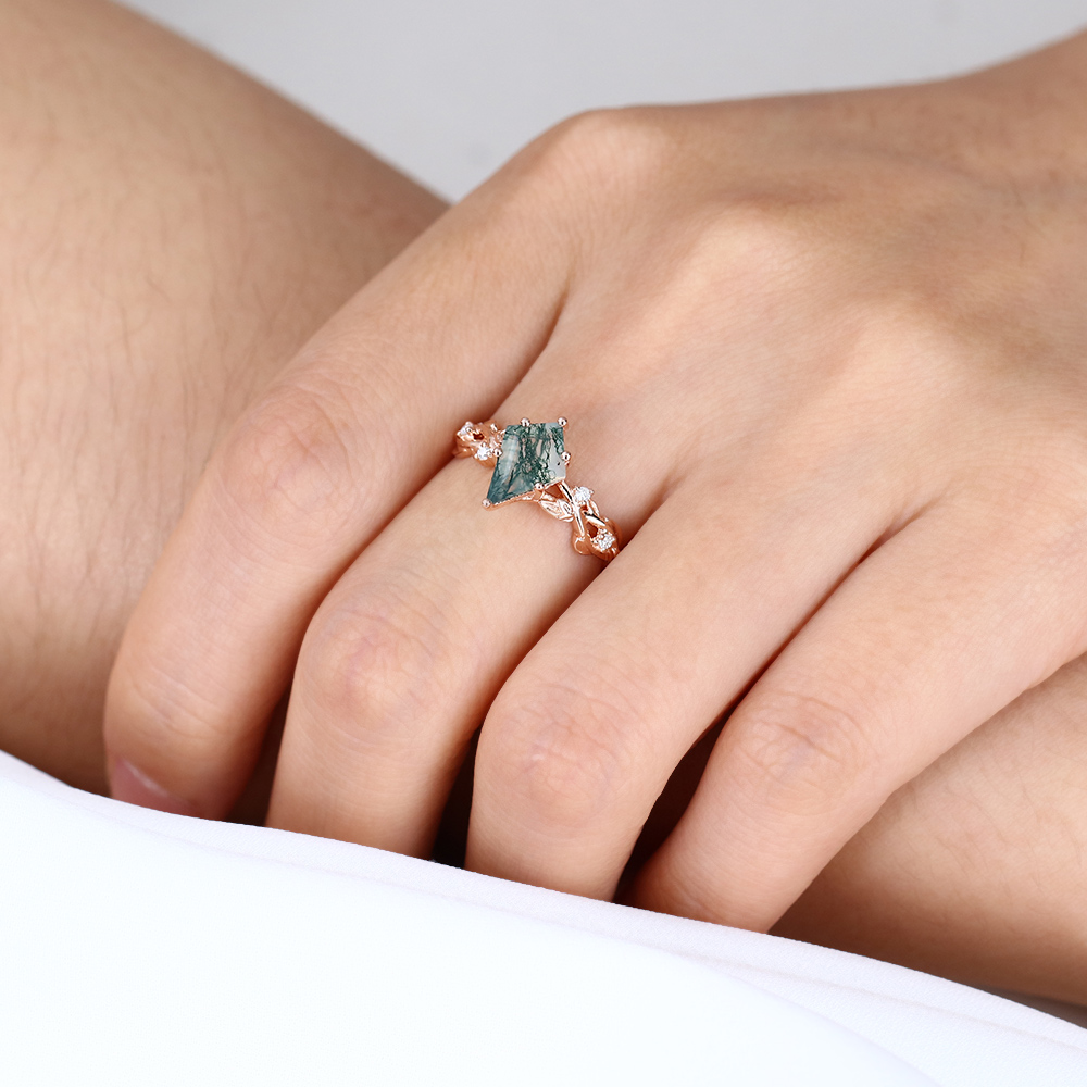 Kite Shaped Engagement Ring Women's Moss Agate Vintage Rings