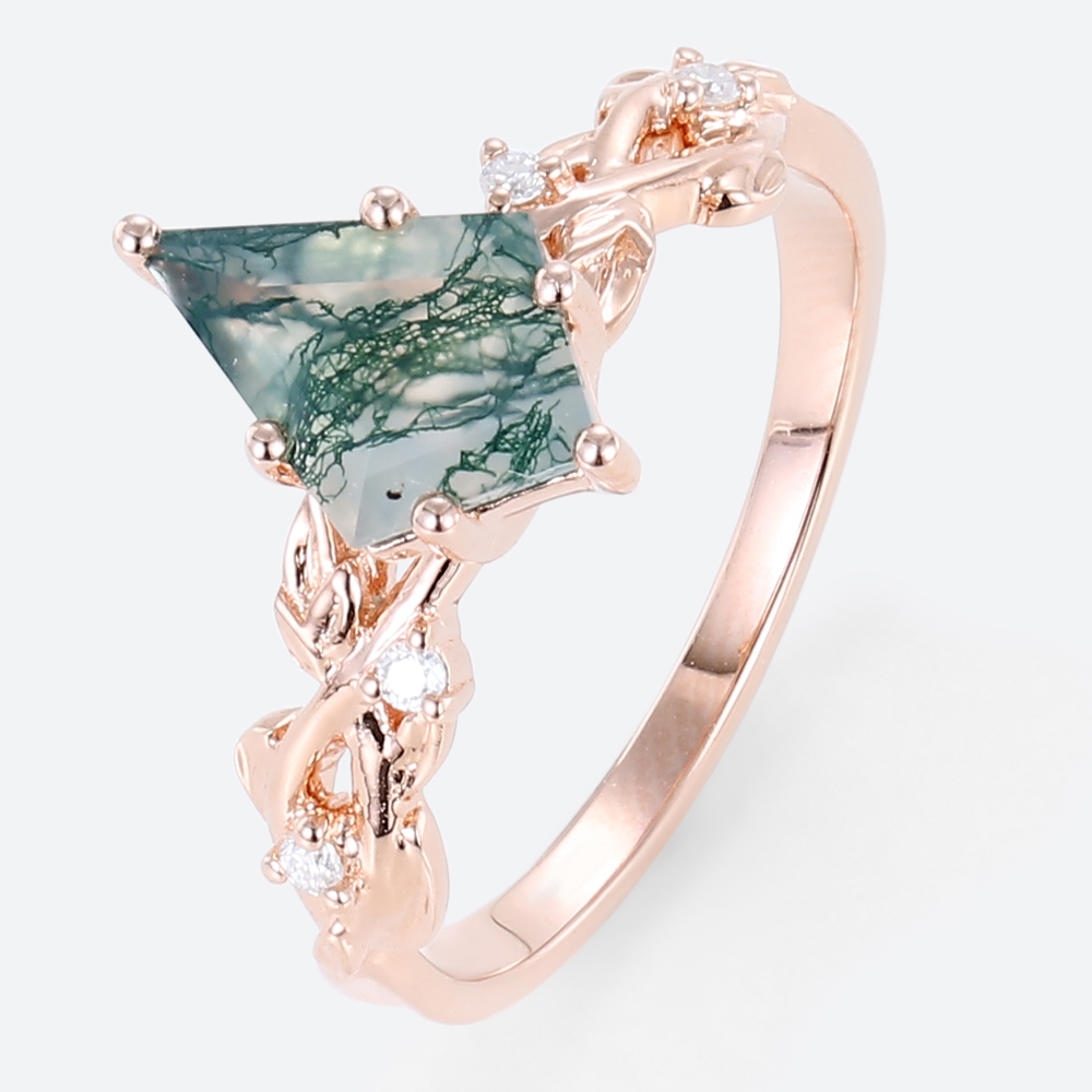 Kite Shaped Engagement Ring Women's Moss Agate Vintage Rings