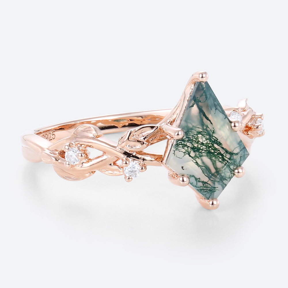 Kite Shaped Engagement Ring Women's Moss Agate Vintage Rings