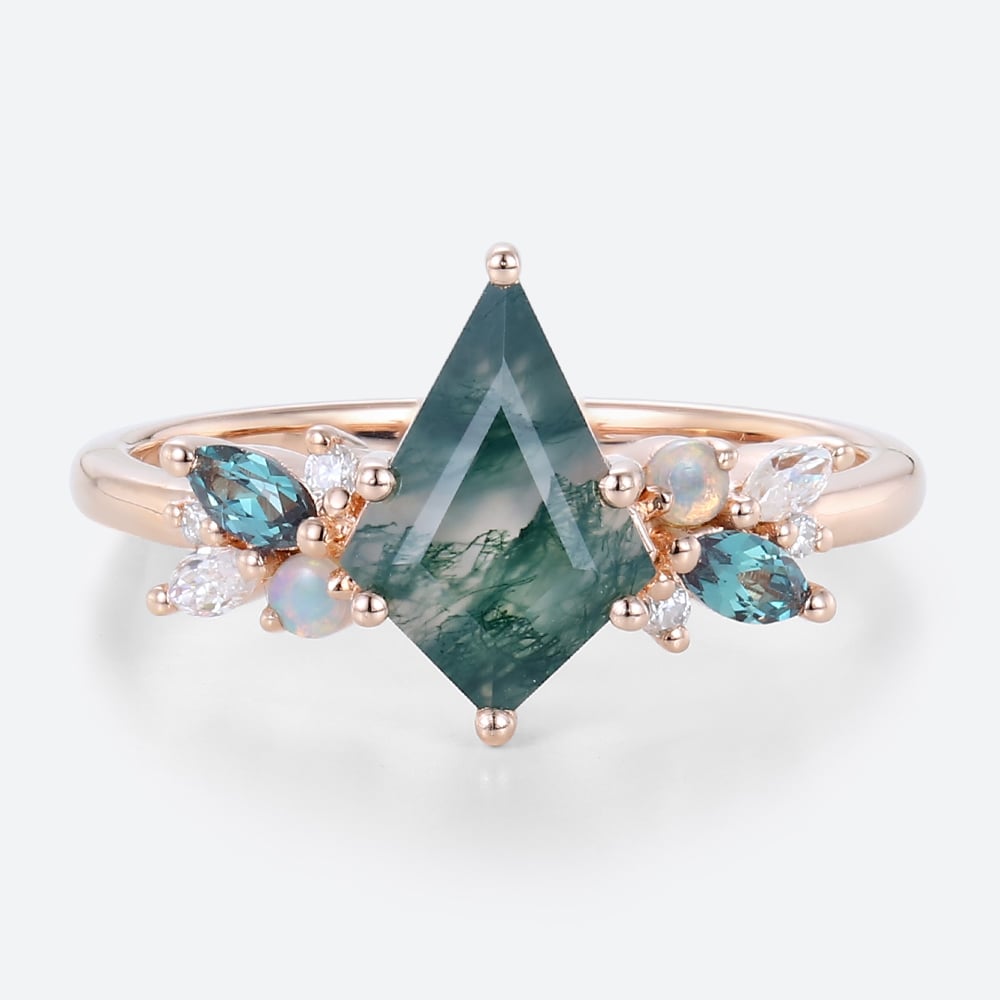 Rose Gold Moss Agate Rings Vintage Cluster Kite Cut Engagement Rings