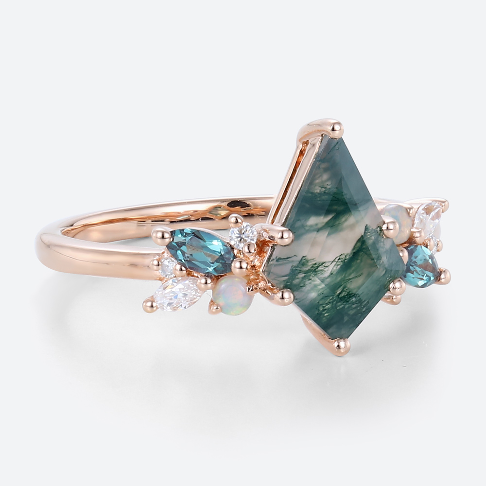 Rose Gold Moss Agate Rings Vintage Cluster Kite Cut Engagement Rings