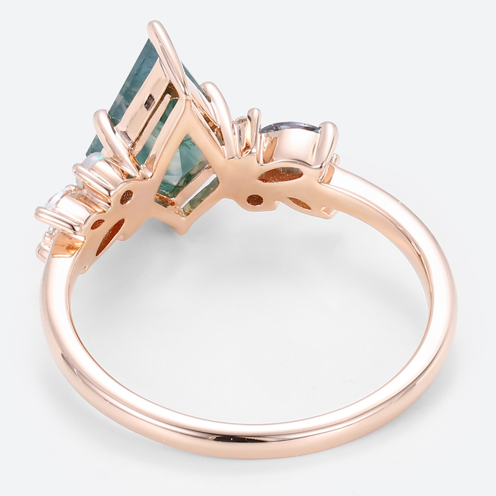 Rose Gold Moss Agate Rings Vintage Cluster Kite Cut Engagement Rings