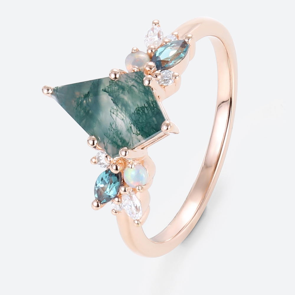 Rose Gold Moss Agate Rings Vintage Cluster Kite Cut Engagement Rings