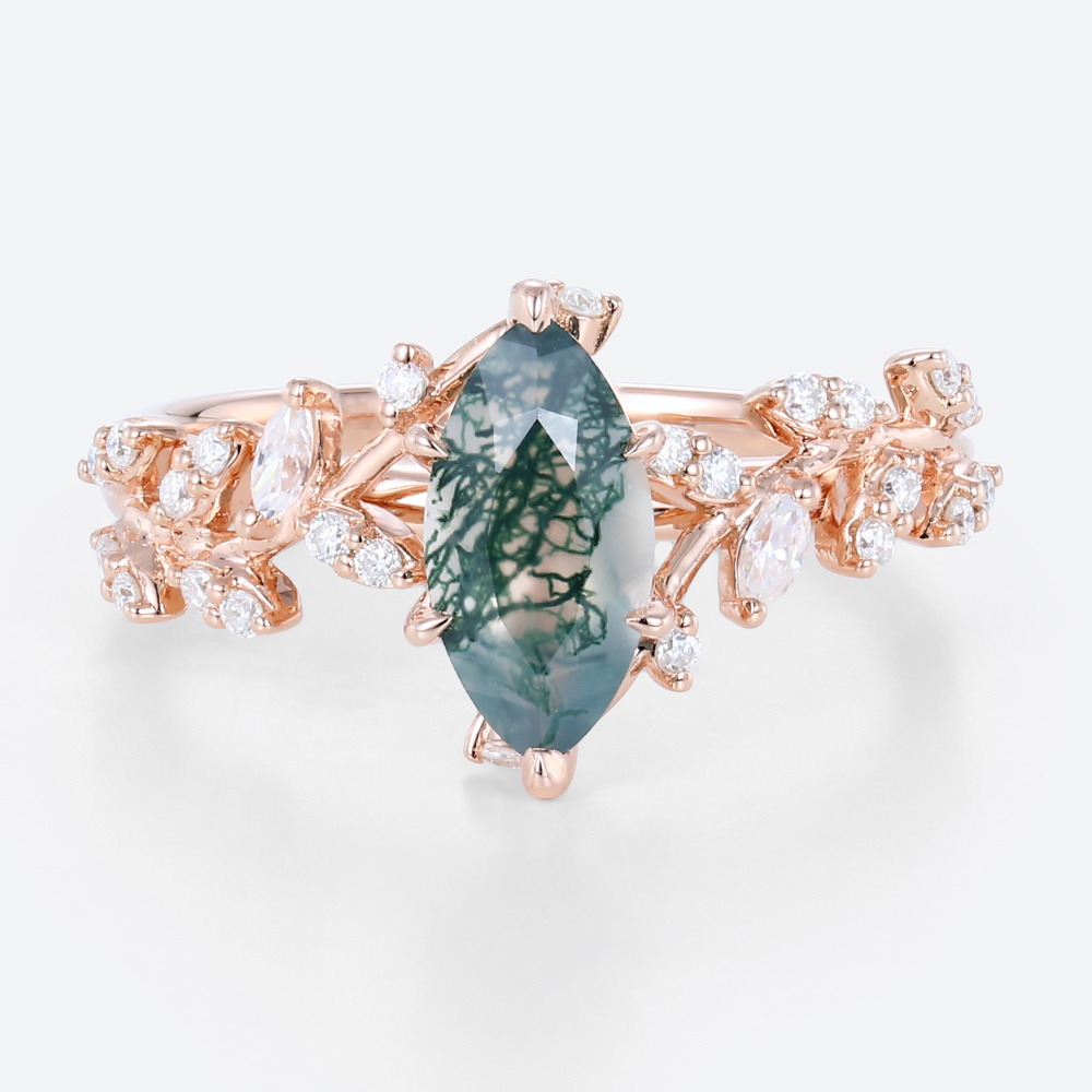 Gold Marquise Engagement Ring Nature-Inspired Rings Moss Agat