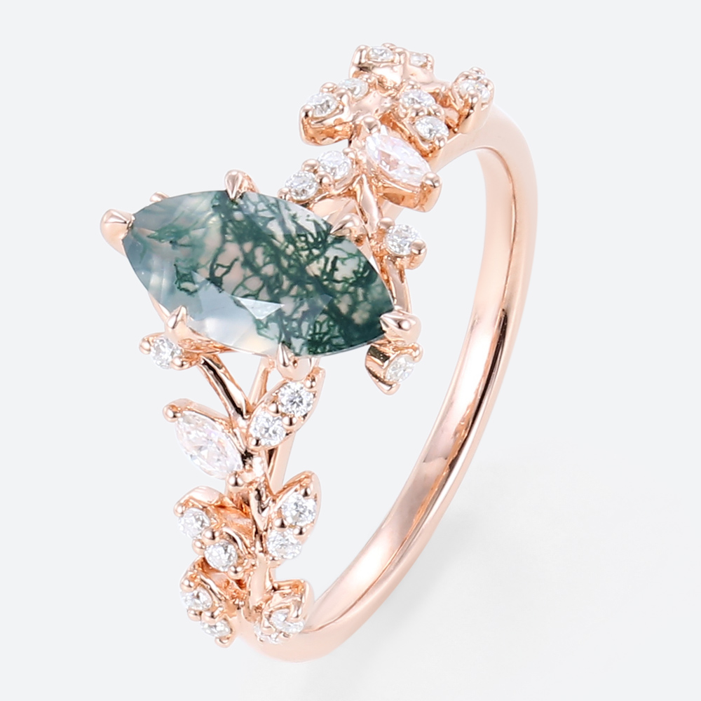 Gold Marquise Engagement Ring Nature-Inspired Rings Moss Agat