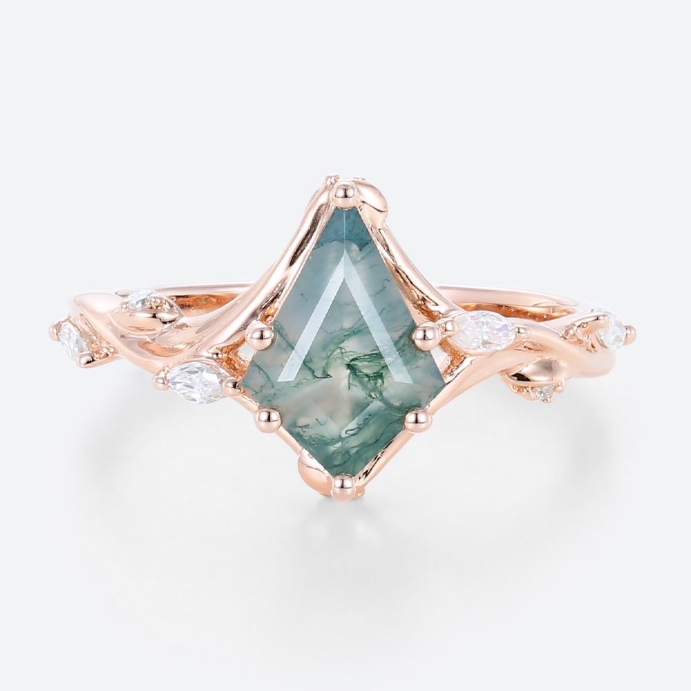 Women's Rose Gold Wedding Ring Kite Shaped Moss Agate Engagement Ring