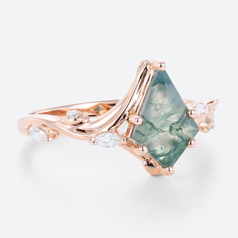 Women's Rose Gold Wedding Ring Kite Shaped Moss Agate Engagement Ring