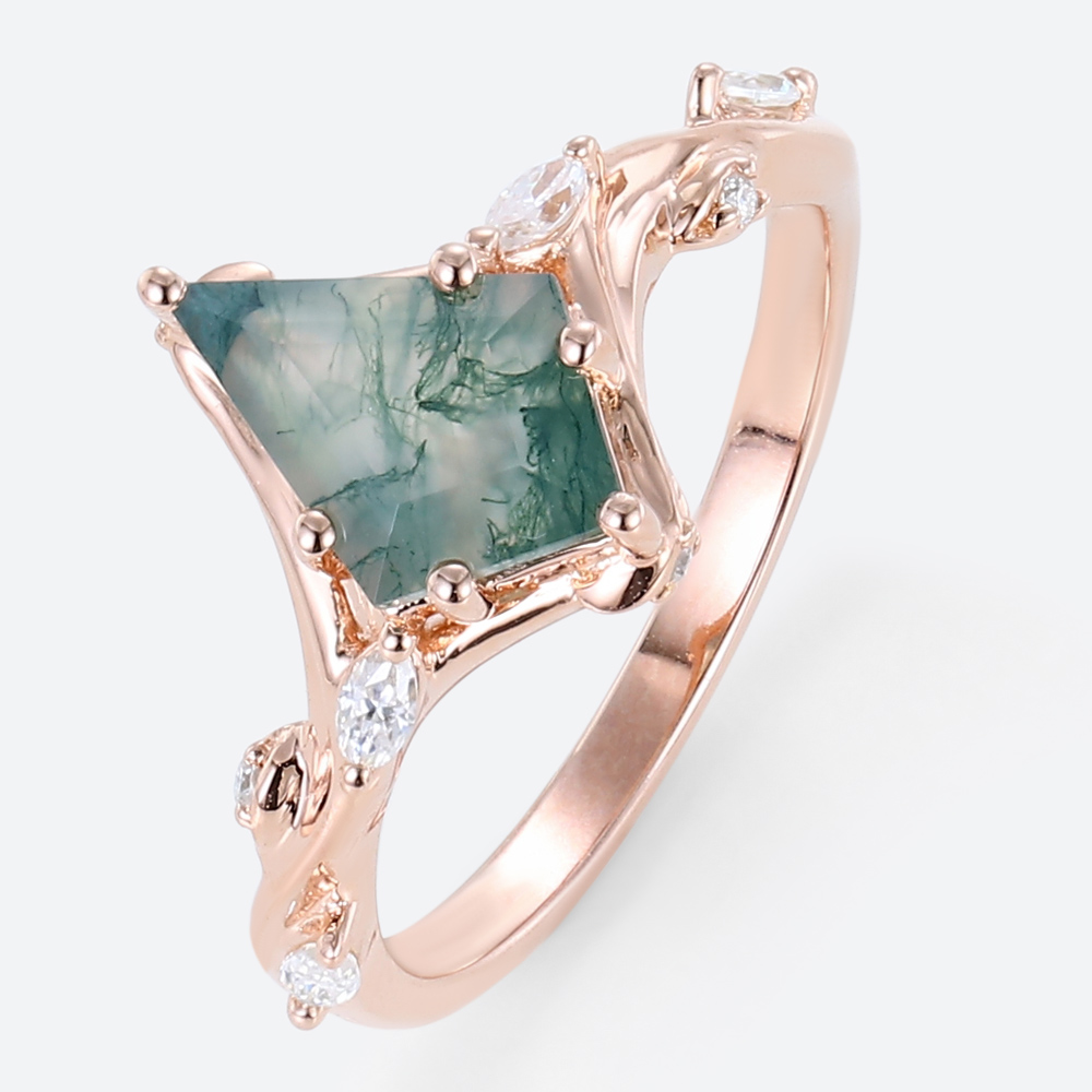 Women's Rose Gold Wedding Ring Kite Shaped Moss Agate Engagement Ring