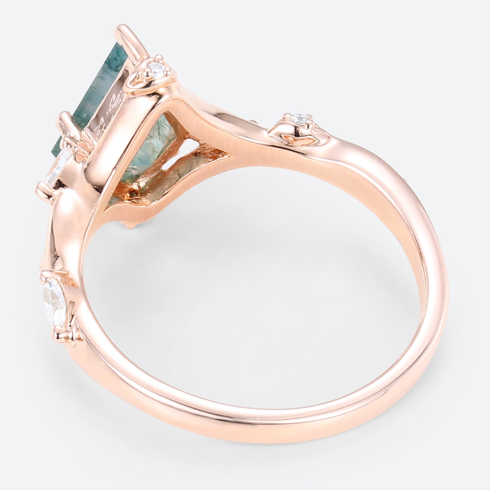 Women's Rose Gold Wedding Ring Kite Shaped Moss Agate Engagement Ring