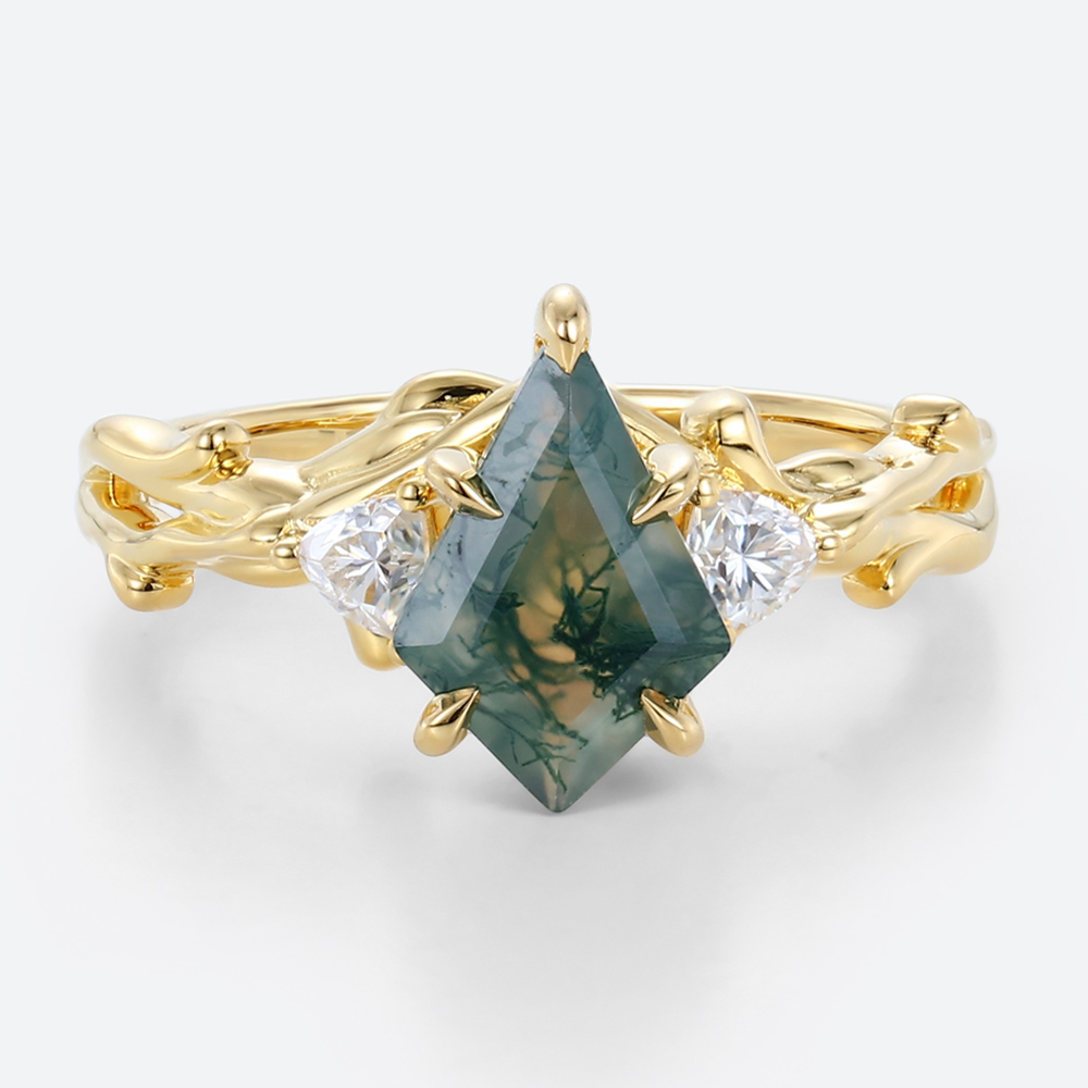 Kite Cut Moss Agate Trio Engagement Ring Botanical Bridal Rings