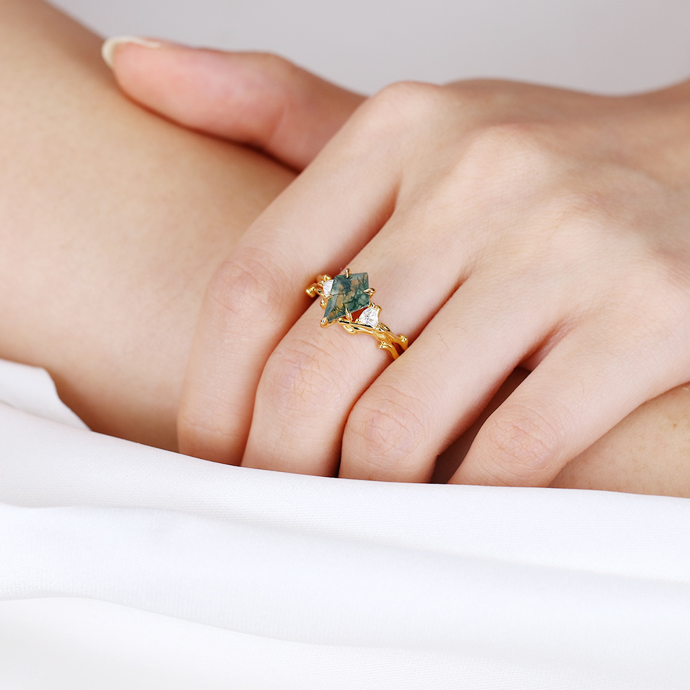 Kite Cut Moss Agate Trio Engagement Ring Botanical Bridal Rings