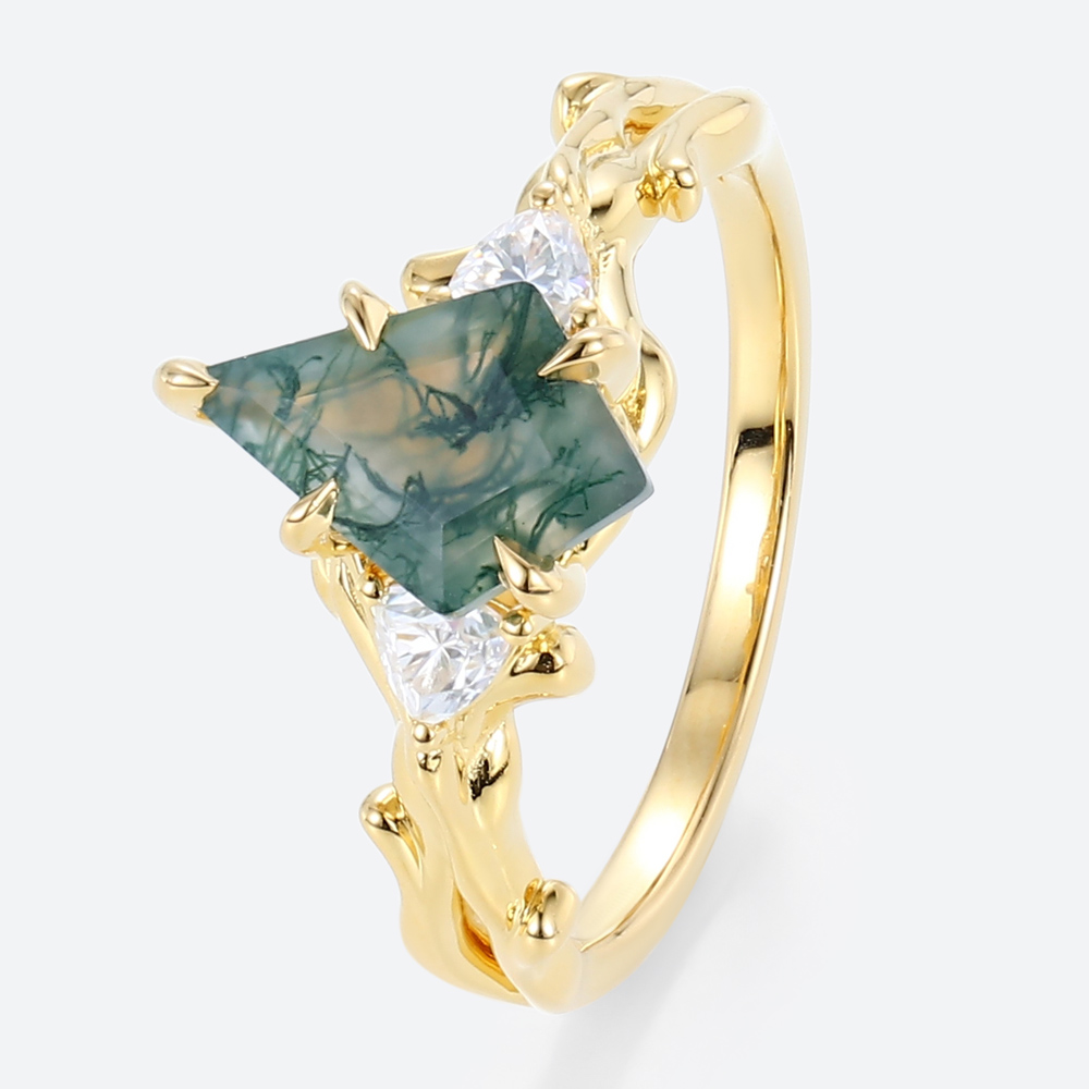 Kite Cut Moss Agate Trio Engagement Ring Botanical Bridal Rings