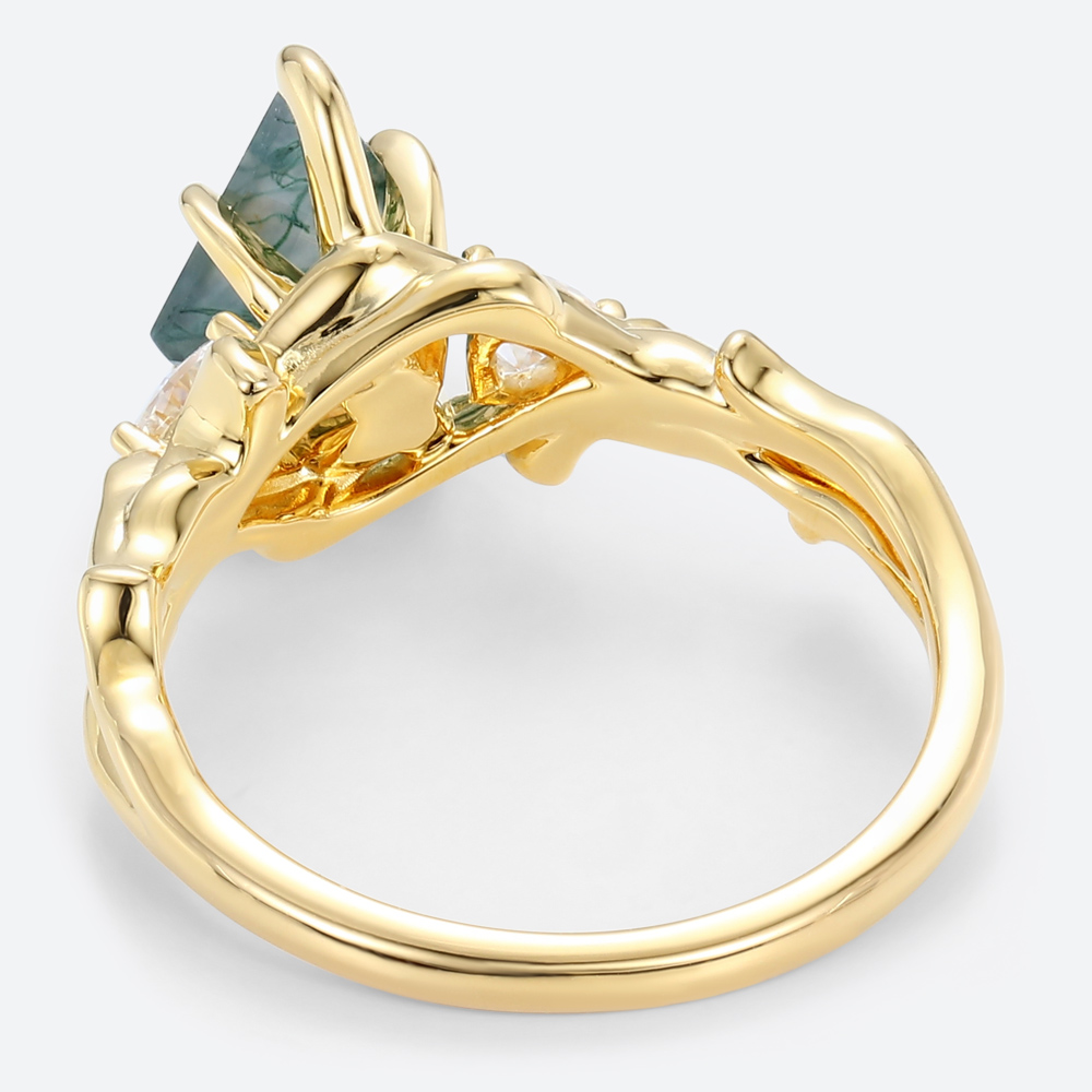Kite Cut Moss Agate Trio Engagement Ring Botanical Bridal Rings