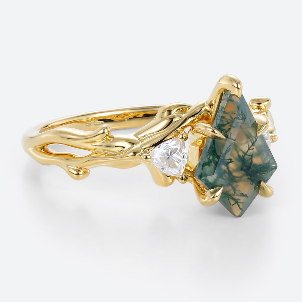 Kite Cut Moss Agate Trio Engagement Ring Botanical Bridal Rings
