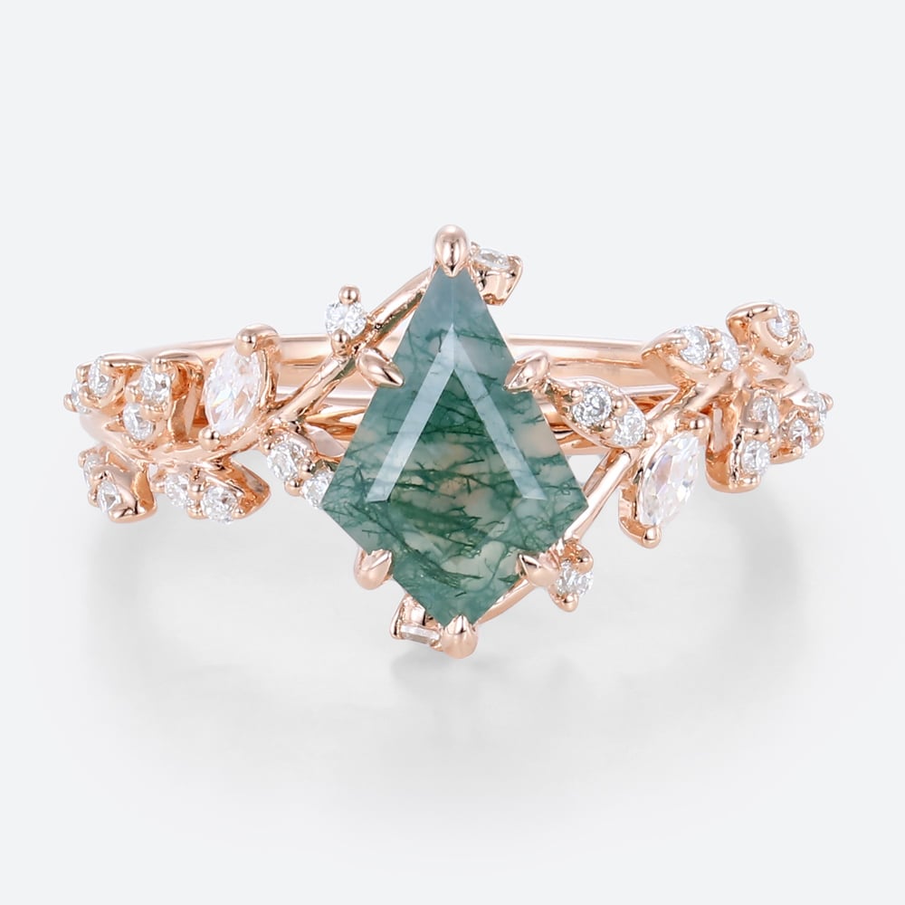 Moss Agate Twig Engagement Ring Kite Cut Nature Inspired Rings