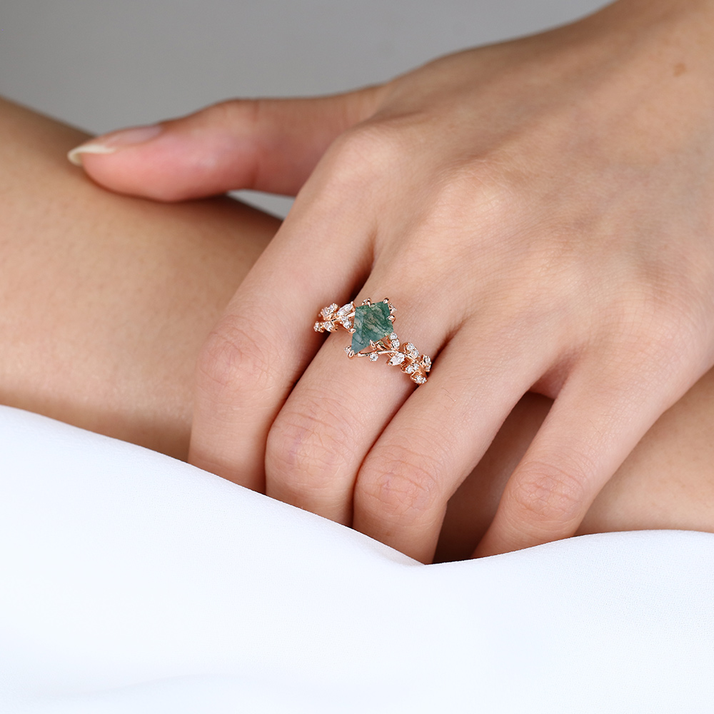 Moss Agate Twig Engagement Ring Kite Cut Nature Inspired Rings