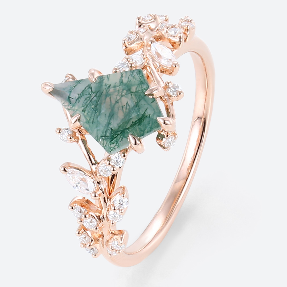 Moss Agate Twig Engagement Ring Kite Cut Nature Inspired Rings