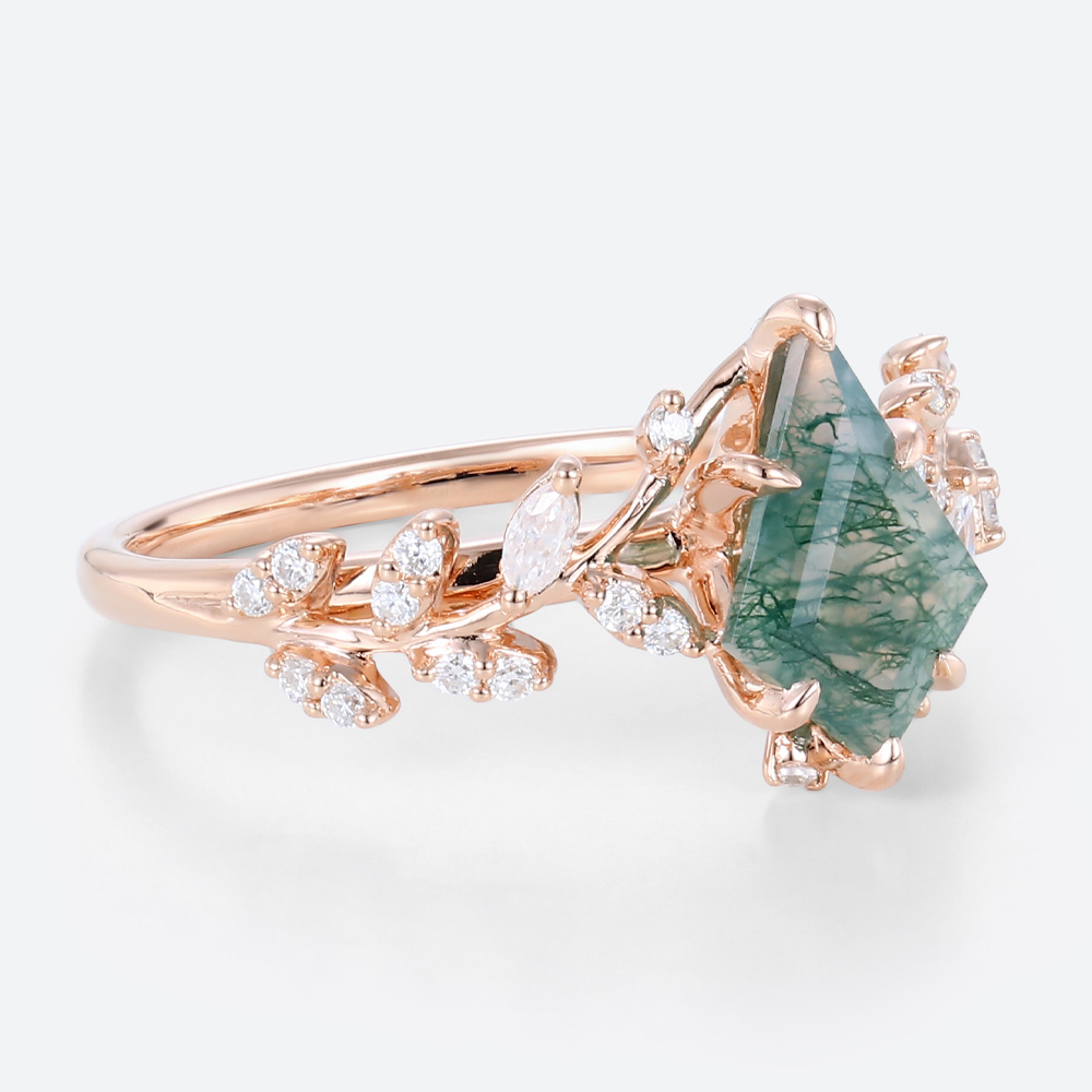 Moss Agate Twig Engagement Ring Kite Cut Nature Inspired Rings
