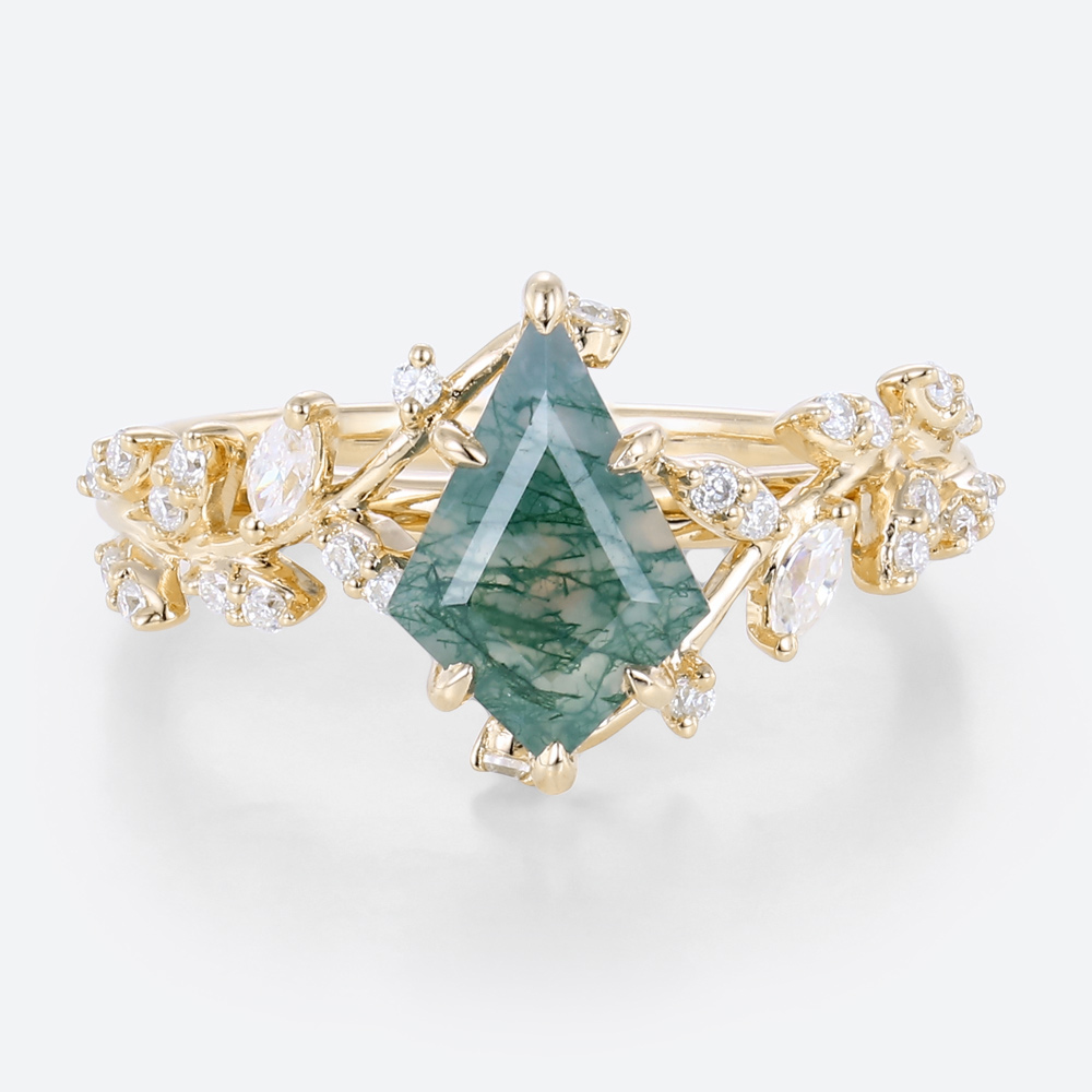 Yellow gold Moss Agate Twig Engagement Ring Kite Cut Nature Inspired Rings