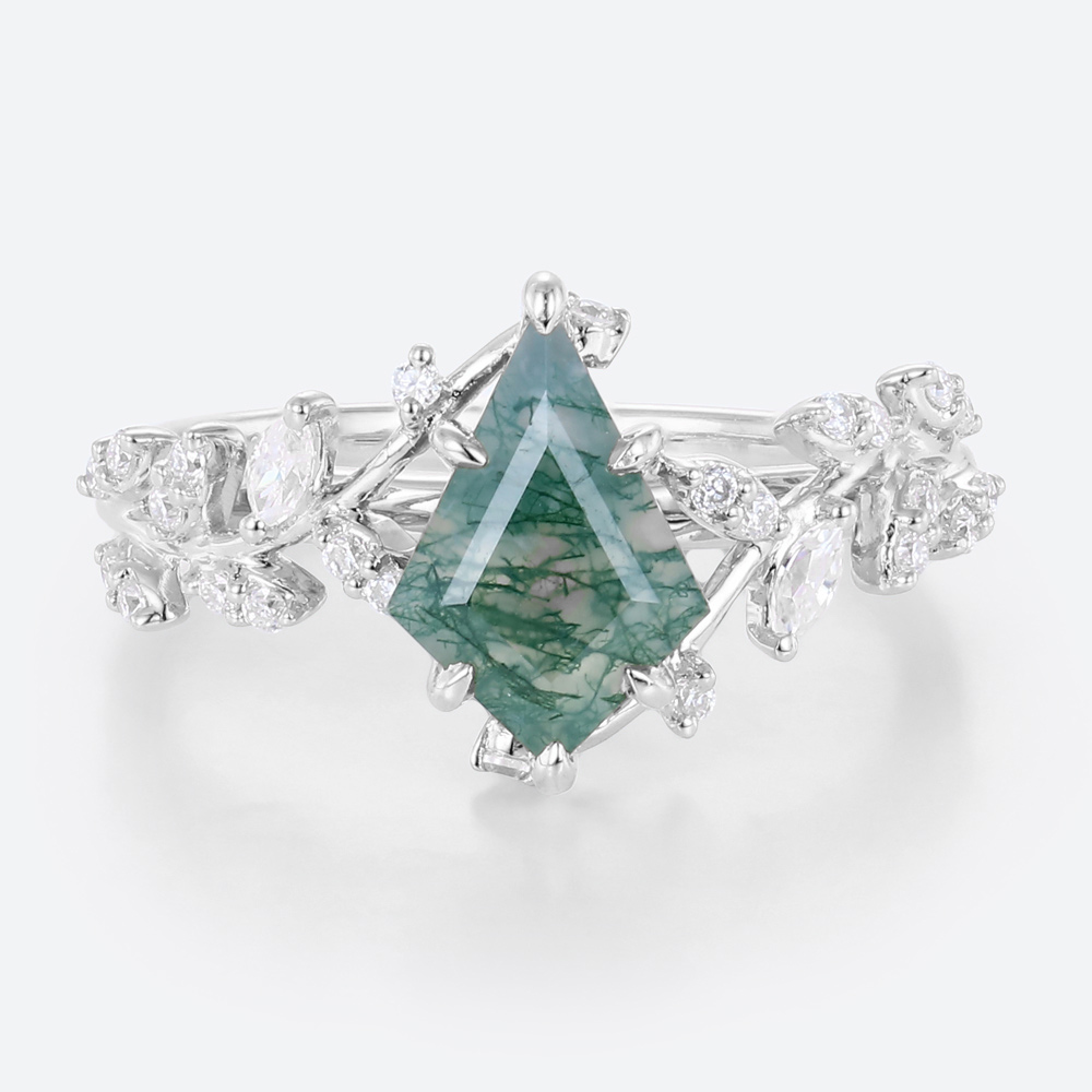 White gold Moss Agate Twig Engagement Ring Kite Cut Nature Inspired Rings