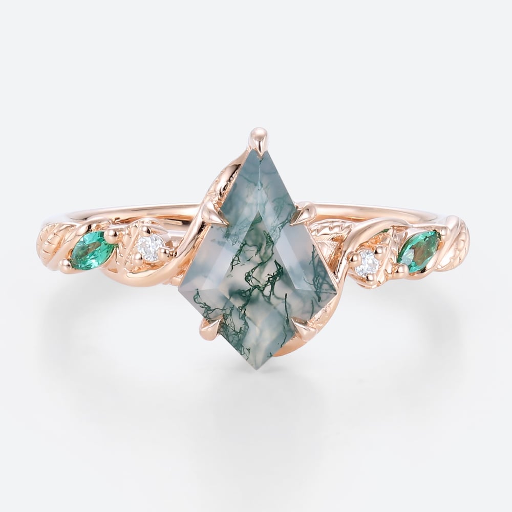 Vine Engagement Ring​ Rose Gold Kite Cut Natural Moss Agate Ring