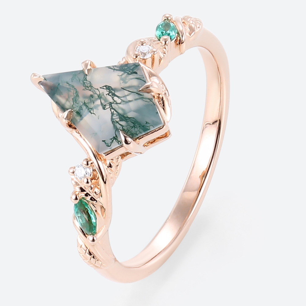 Vine Engagement Ring​ Rose Gold Kite Cut Natural Moss Agate Ring