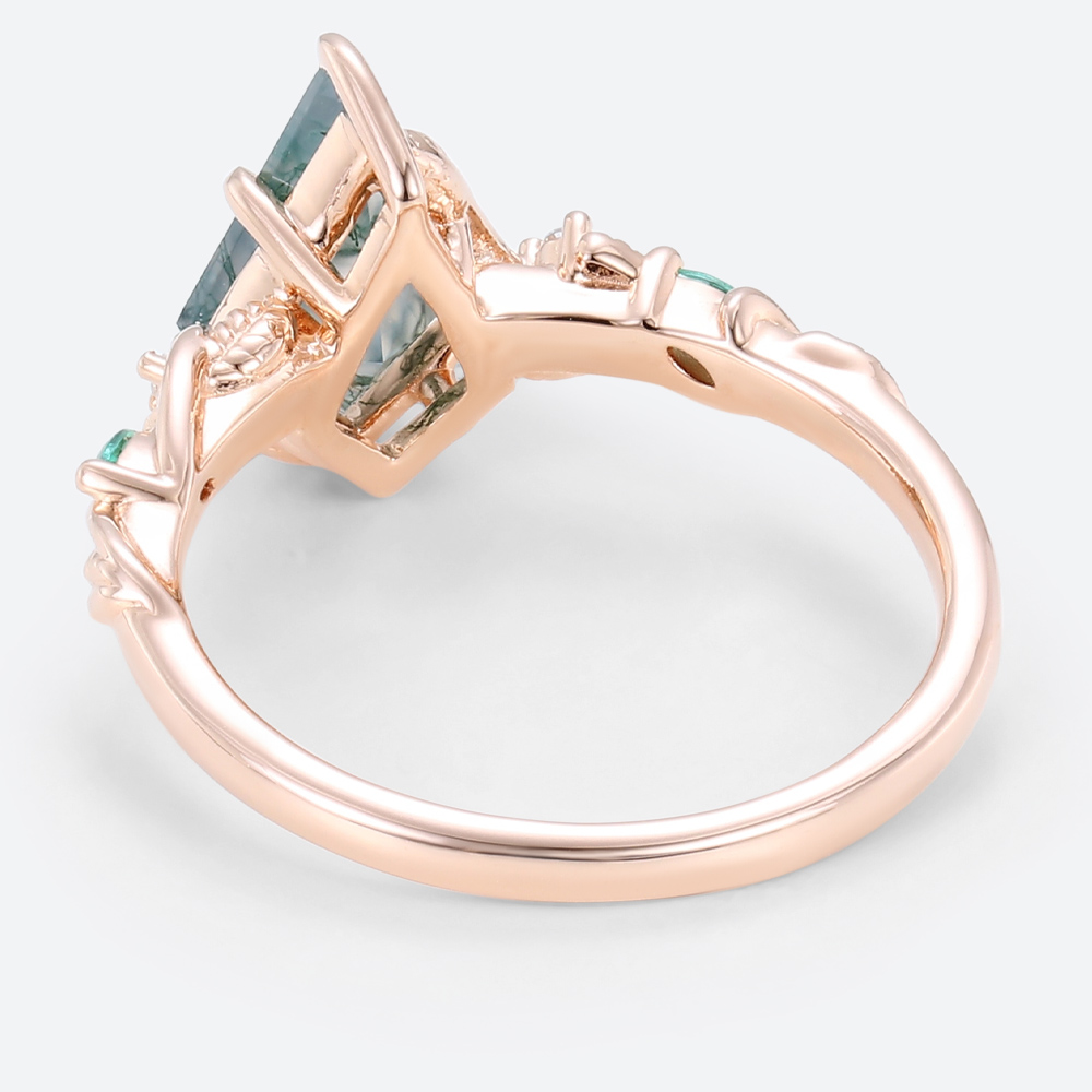 Vine Engagement Ring​ Rose Gold Kite Cut Natural Moss Agate Ring