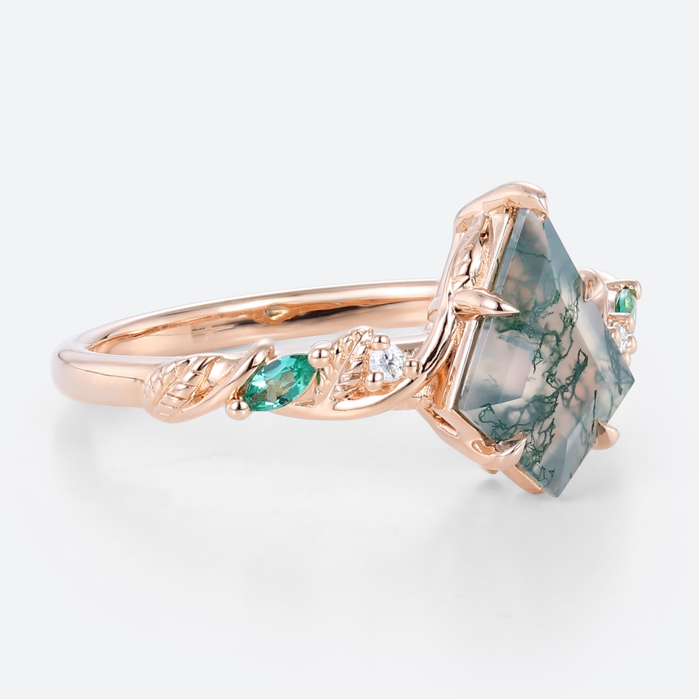 Vine Engagement Ring​ Rose Gold Kite Cut Natural Moss Agate Ring