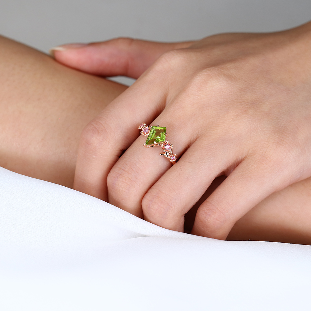 Peridot Ring Flower Ring Nature Inspired Pink Sapphire Ring
