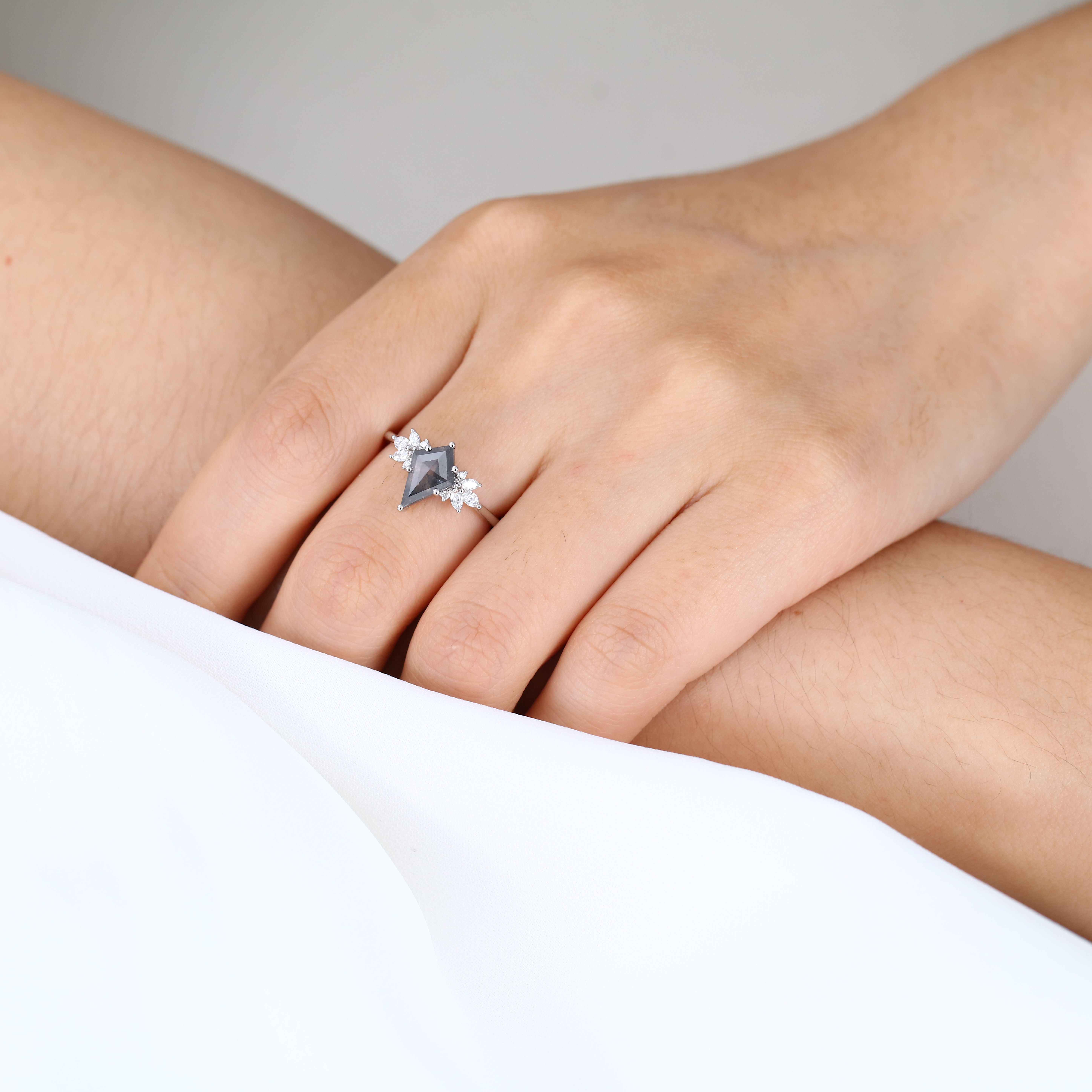 1.47ct Salt and Pepper Kite Diamond Engagement Ring White Gold