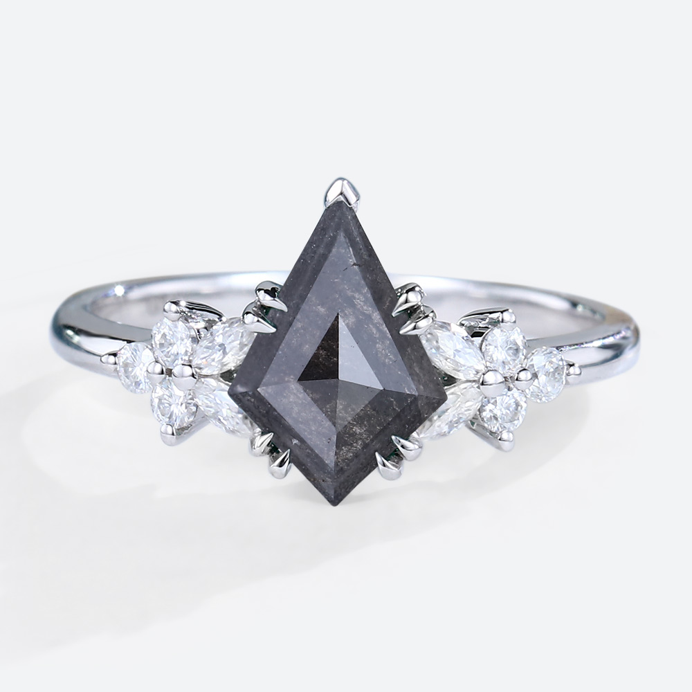 White Gold Kite Cut Ring Salt And Pepper Diamond Engagement Rings