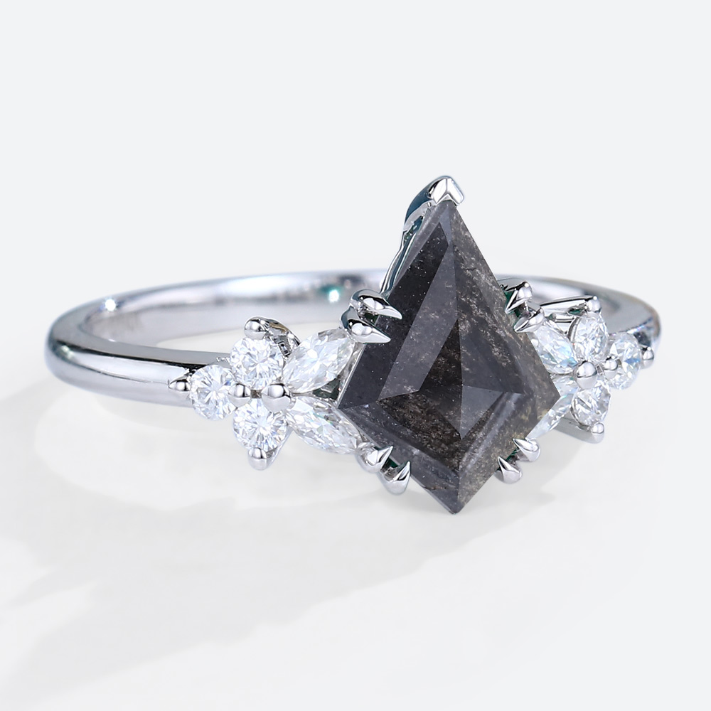 White Gold Kite Cut Ring Salt Pepper Diamond Engagement Rings