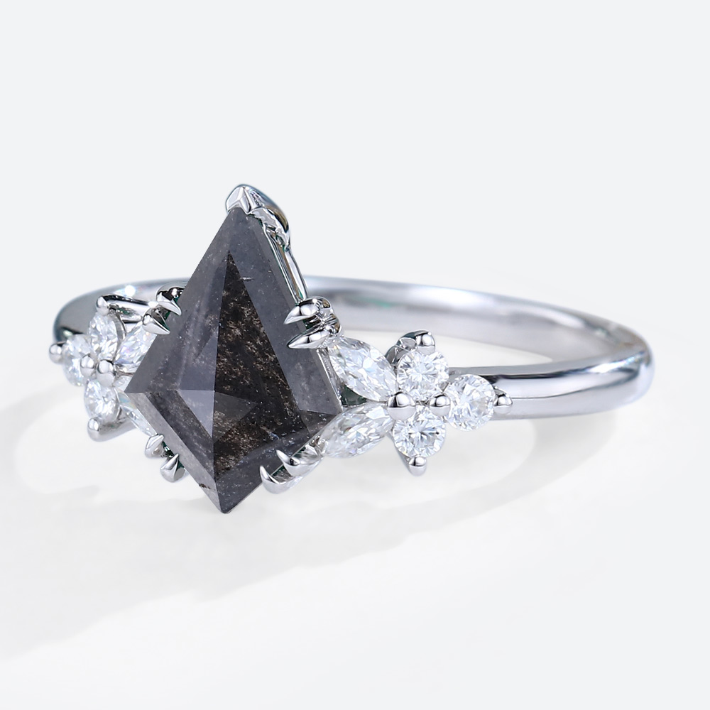 White Gold Kite Cut Ring Salt Pepper Diamond Engagement Rings