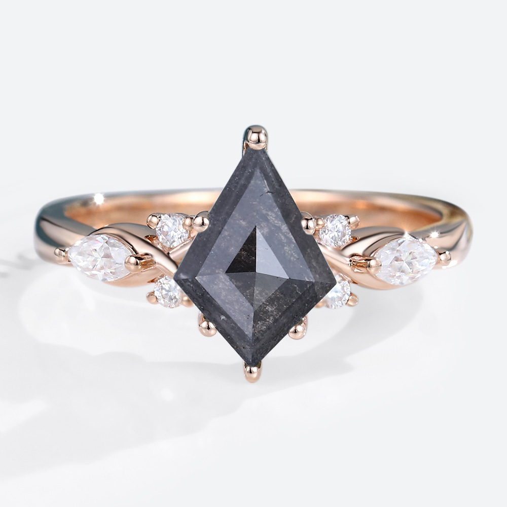 Rose Gold Kite Cut Salt And Pepper Diamond Engagement Rings