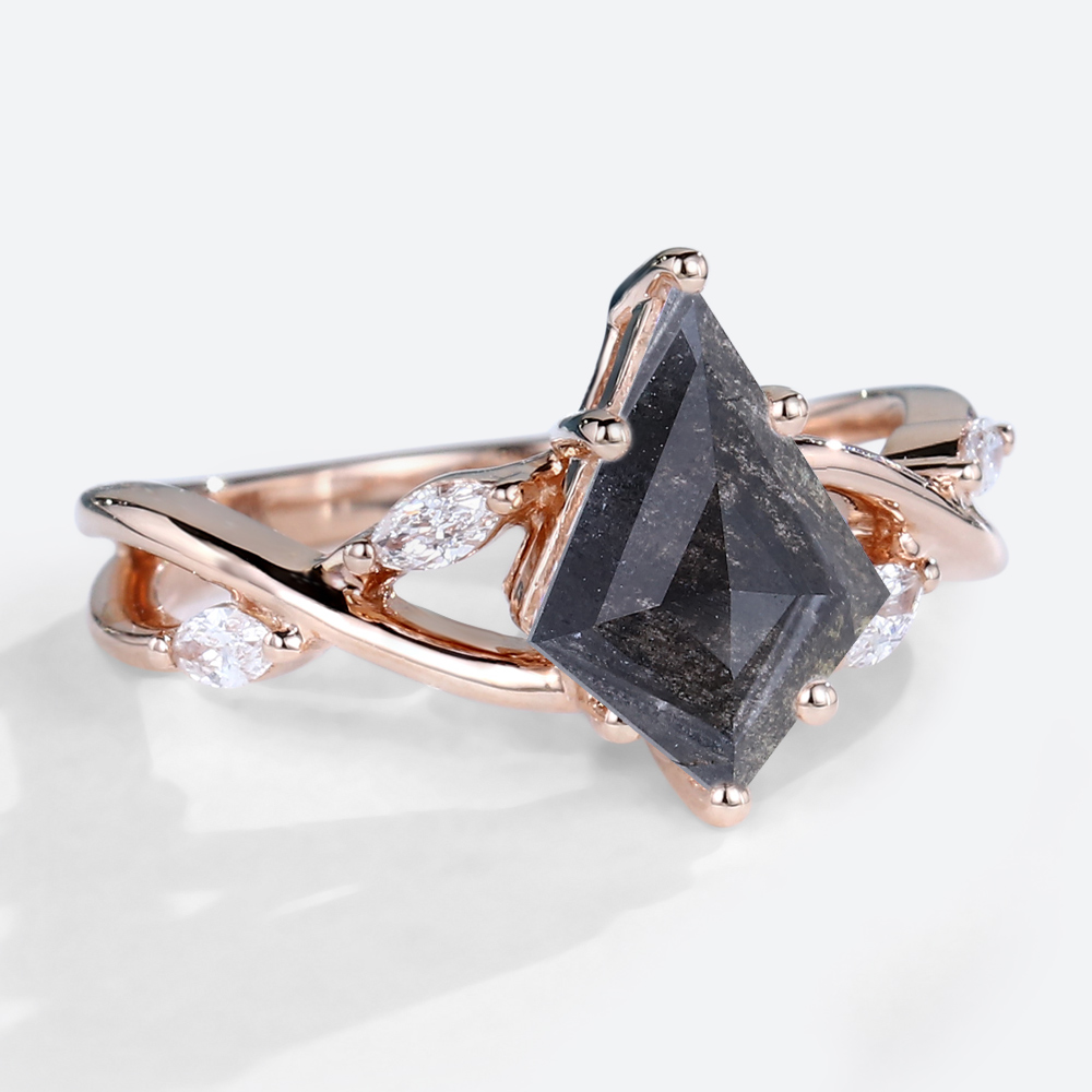 1.3ct Kite Cut Salt and Pepper Diamond Ring Rose Gold Marquise Side Stone Wedding Ring