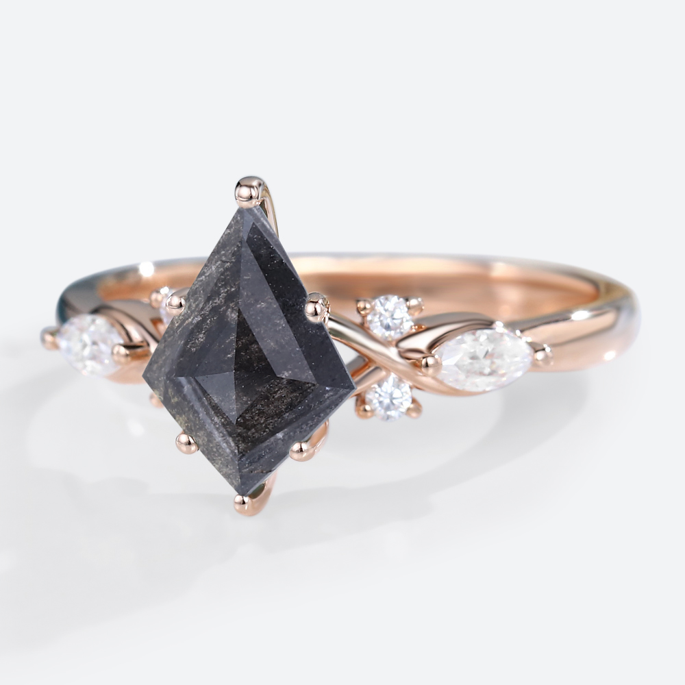 Rose Gold Kite Cut Salt And Pepper Diamond Engagement Rings