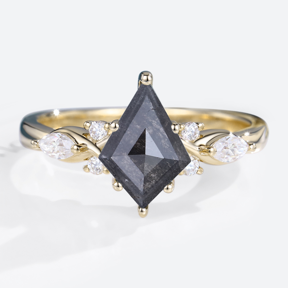 Yellow Gold Kite Cut Salt And Pepper Diamond Engagement Rings