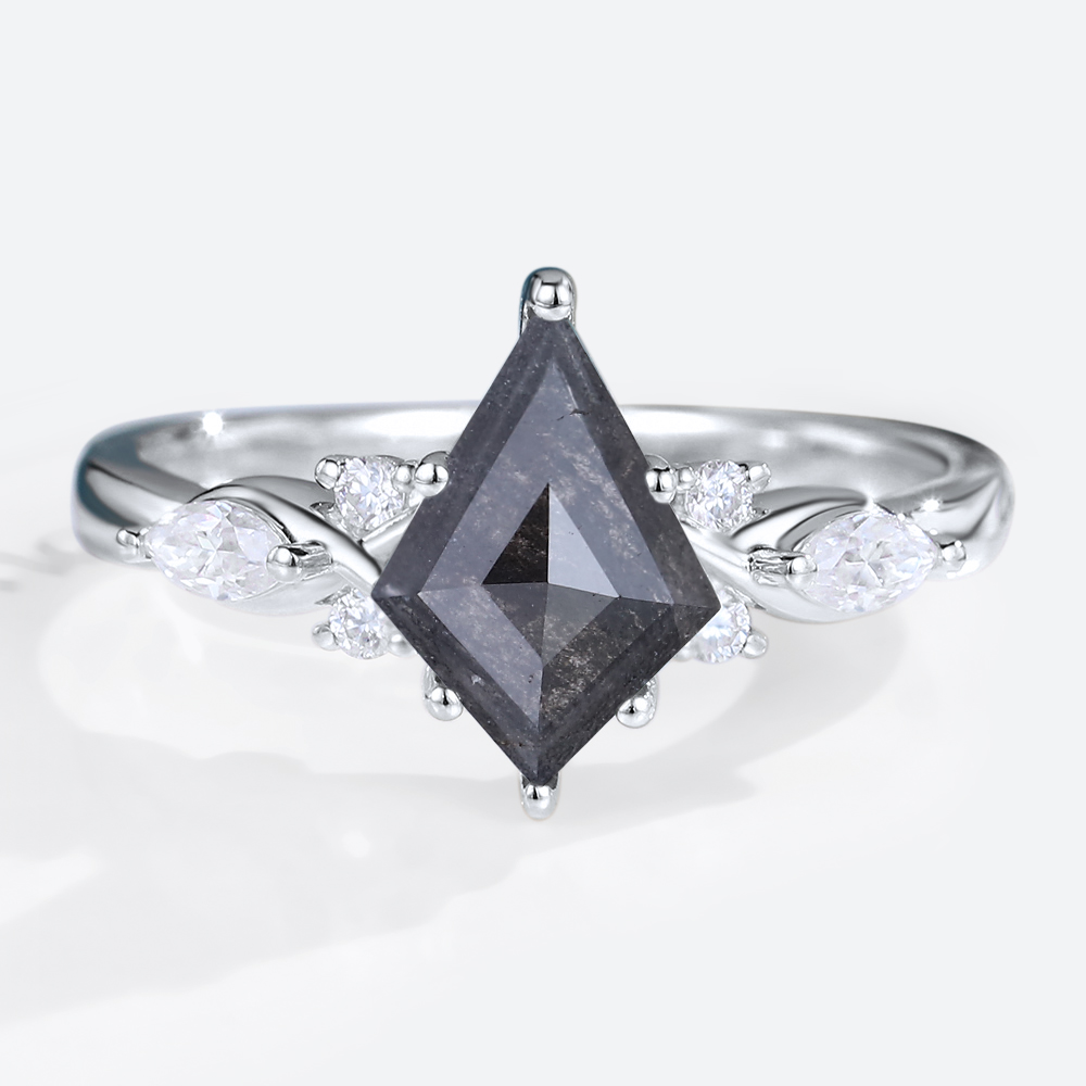 White Gold Kite Cut Salt And Pepper Diamond Engagement Rings