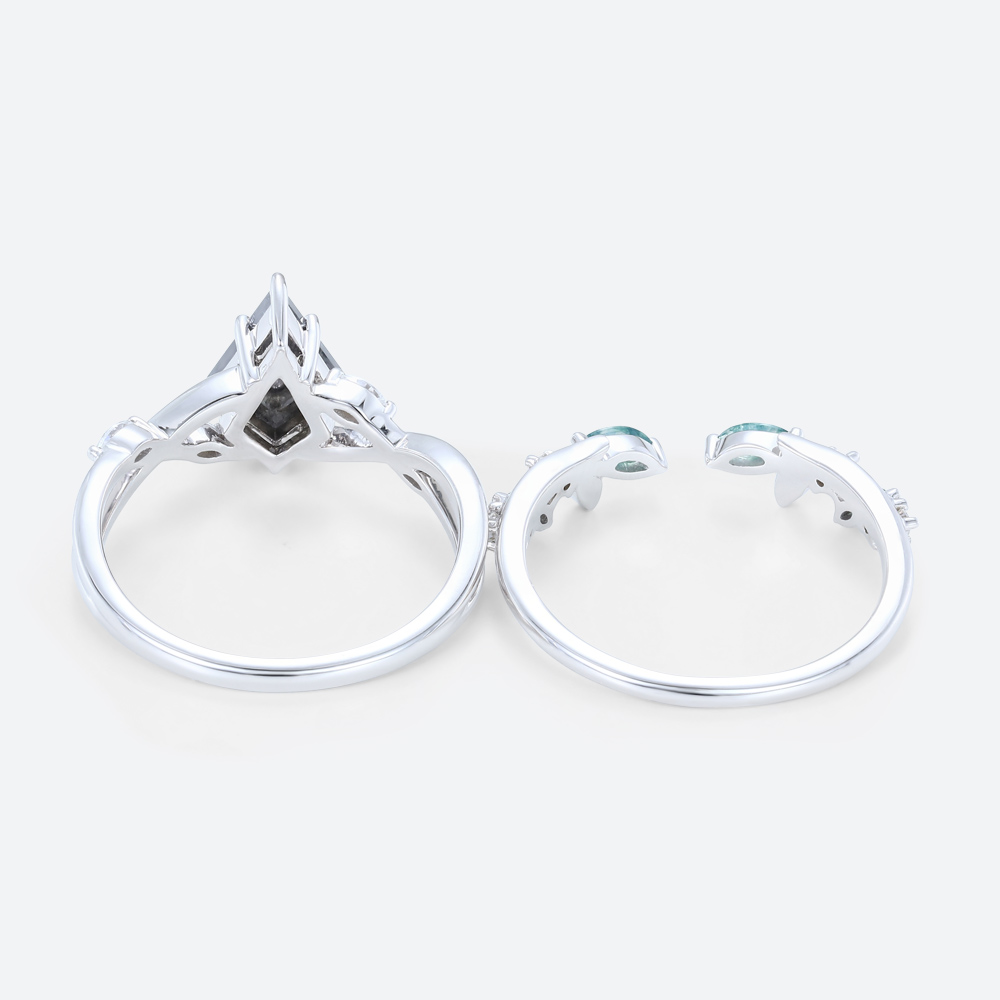 1.2ct Kite Cut Salt and Pepper Diamond Ring Set with Moss Agate Wedding Band