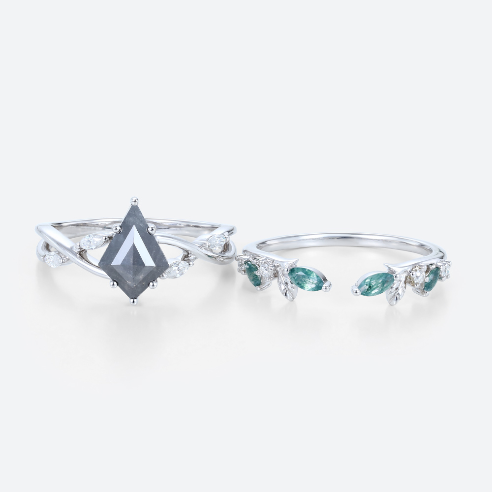 1.2ct Kite Cut Salt and Pepper Diamond Ring Set with Moss Agate Wedding Band