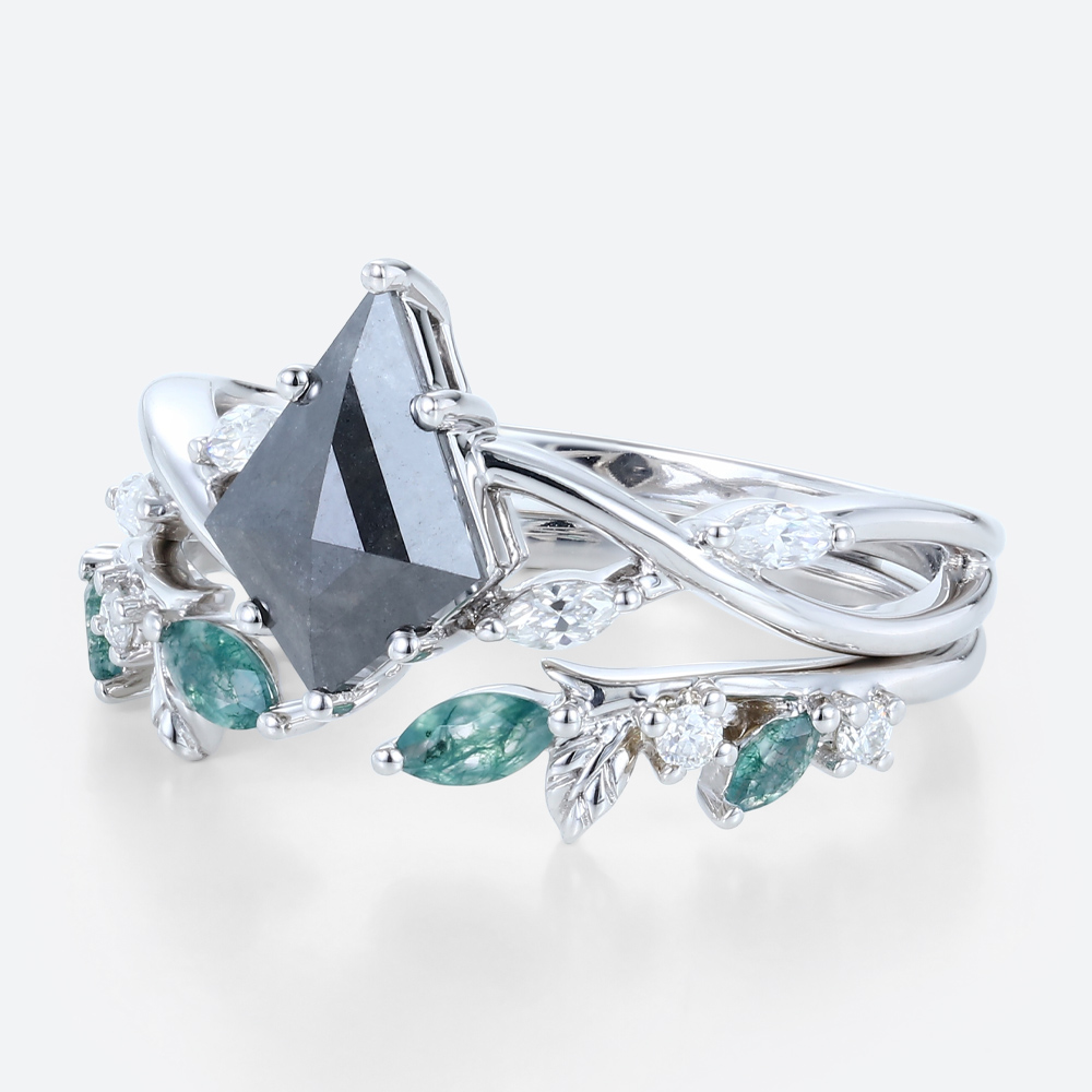 1.2ct Kite Cut Salt and Pepper Diamond Ring Set with Moss Agate Wedding Band