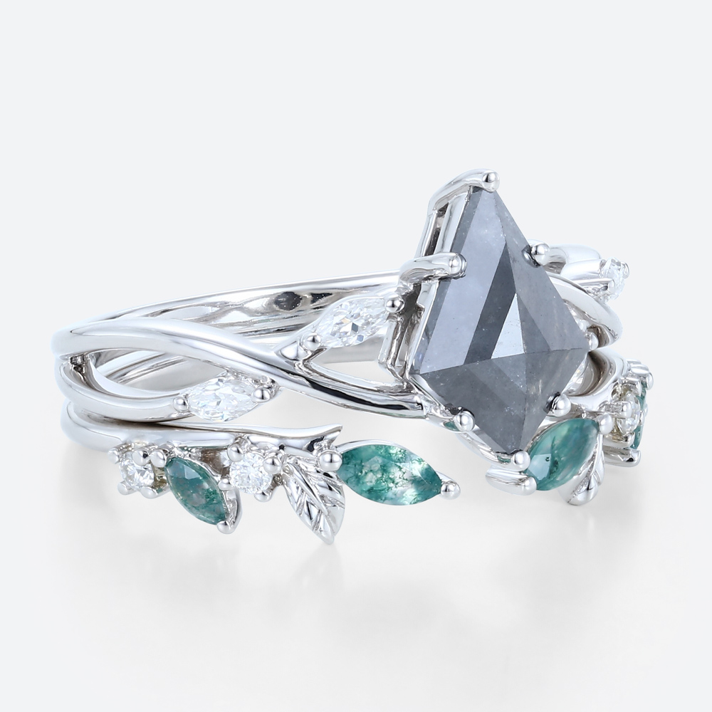 1.2ct Kite Cut Salt and Pepper Diamond Ring Set with Moss Agate Wedding Band