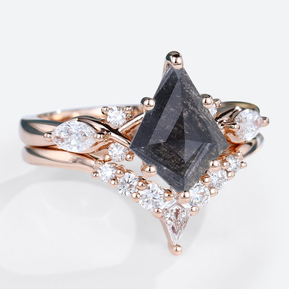 Kite Cut Salt &amp; Pepper Diamond Bridal Ring Set Cluster Engagement Ring (2)
