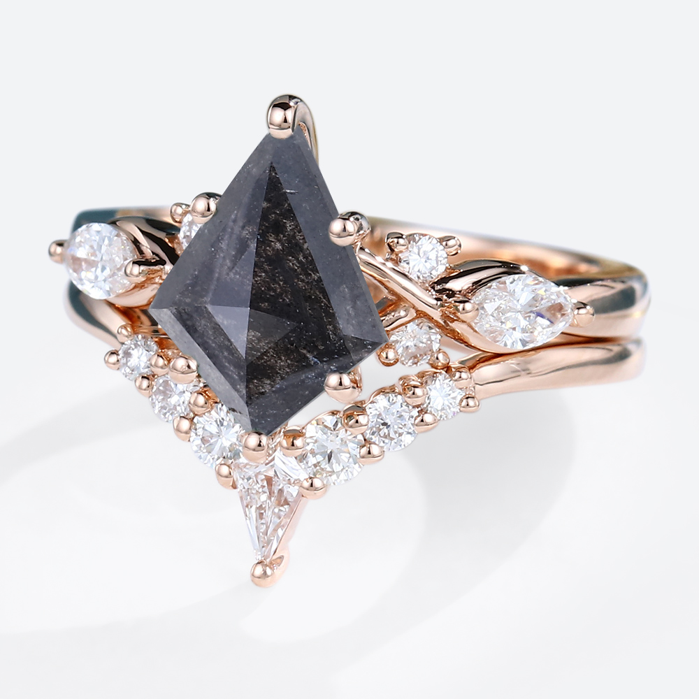 Kite Cut Salt &amp; Pepper Diamond Bridal Ring Set Cluster Engagement Ring (4)
