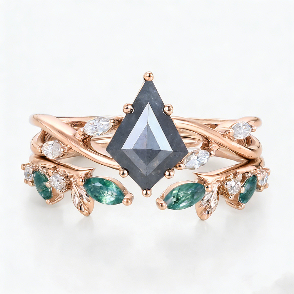 1.2ct Kite Cut Salt and Pepper Diamond Ring Set with Moss Agate Wedding Band