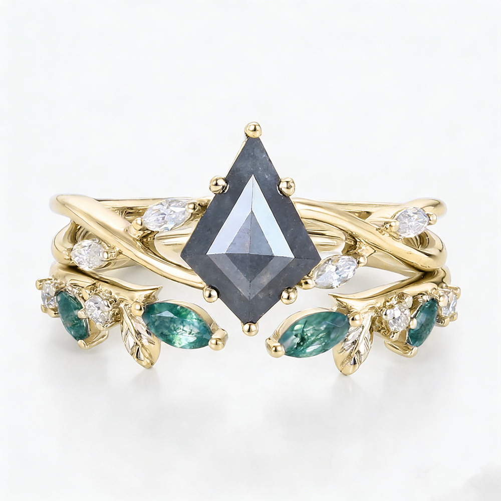 1.2ct Kite Cut Salt and Pepper Diamond Ring Set with Moss Agate Wedding Band