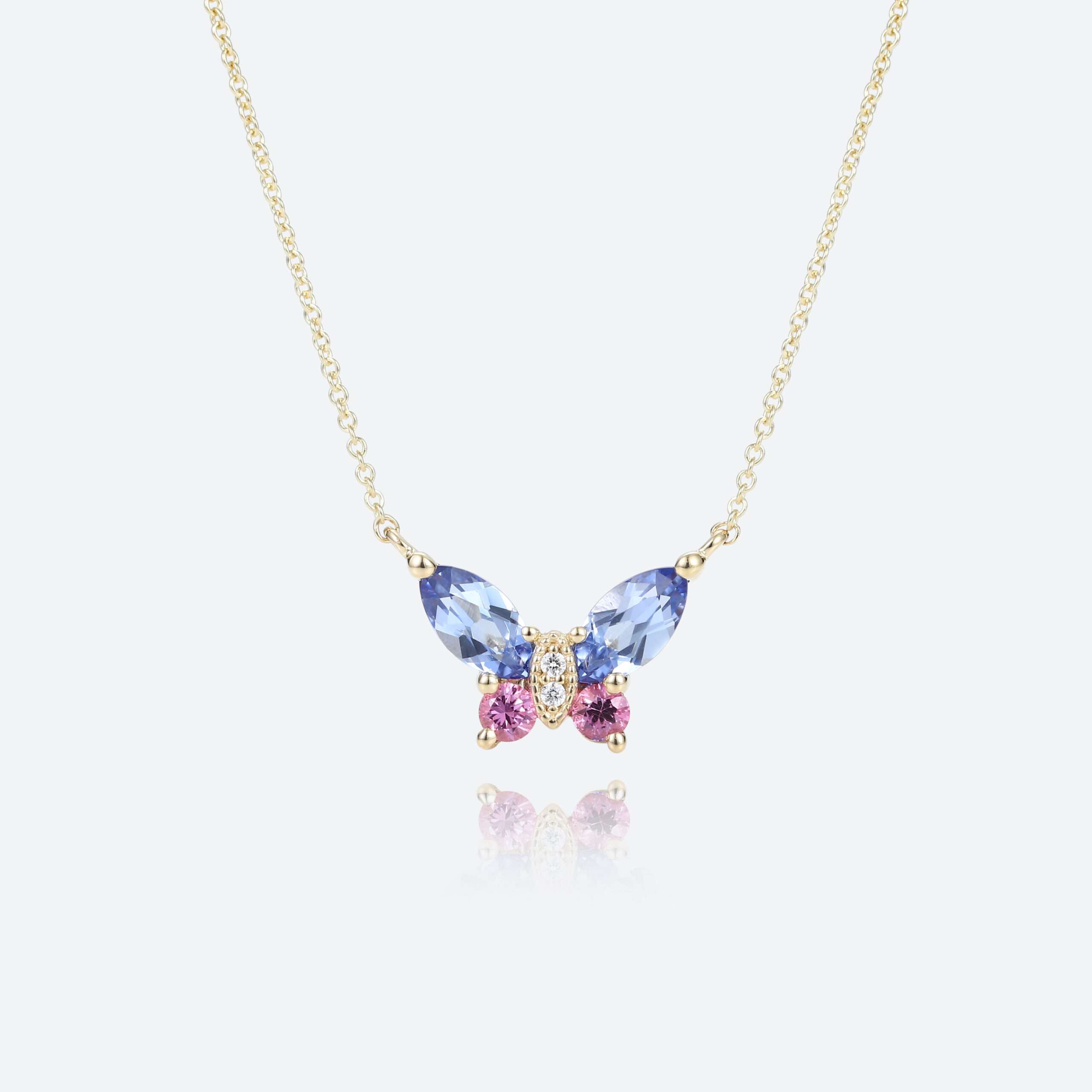 Lab Sapphire & Pink Sapphire Necklace Delicate Butterfly Pendant Necklace