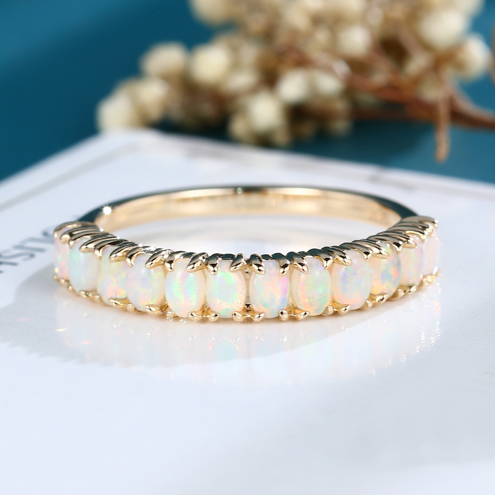 LisaJewelry 14K Yellow Gold Antique Oval Cut Opal Half Eternity Wedding Band For Women